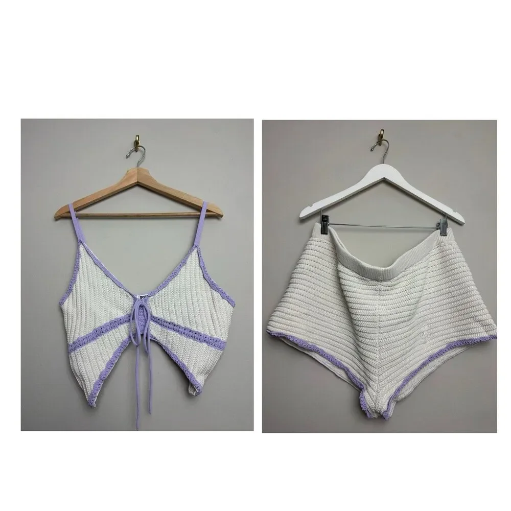 Victoria's Secret PINK Crochet Short Set Size 2XL Cream Purple Knit - Picture 2 of 10